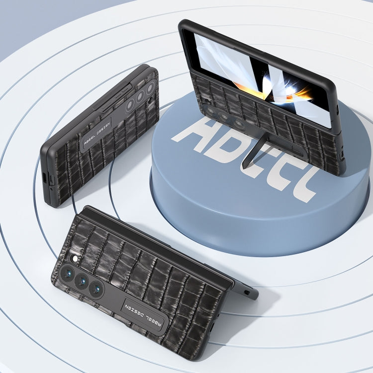 For Samsung Galaxy Z Fold5 ABEEL Integrated Crocodile Texture Genuine Leather Phone Case with Holder(Black) - Galaxy Z Fold5 Cases by buy2fix | Online Shopping UK | buy2fix