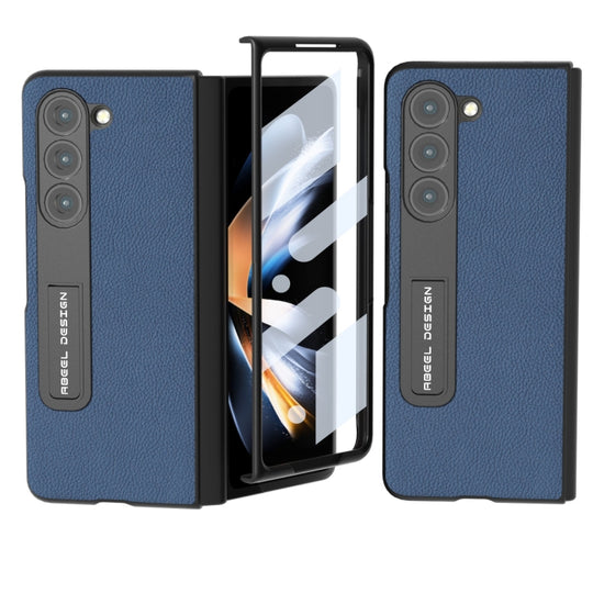 For Samsung Galaxy Z Fold5 ABEEL Integrated Genuine Leather + PC Litchi Texture Phone Case with Holder(Blue)