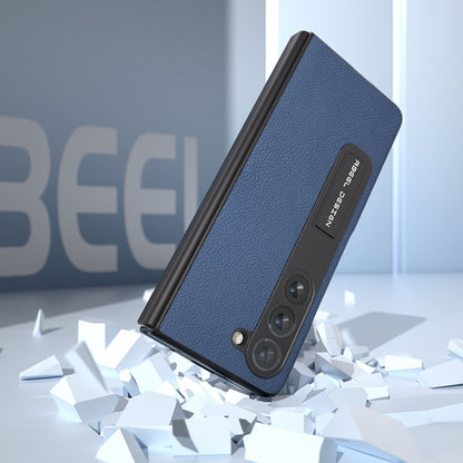 For Samsung Galaxy Z Fold5 ABEEL Integrated Genuine Leather + PC Litchi Texture Phone Case with Holder(Blue) - Galaxy Z Fold5 Cases by buy2fix | Online Shopping UK | buy2fix