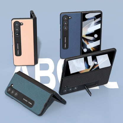 For Samsung Galaxy Z Fold5 ABEEL Integrated Genuine Leather + PC Litchi Texture Phone Case with Holder(Blue) - Galaxy Z Fold5 Cases by buy2fix | Online Shopping UK | buy2fix
