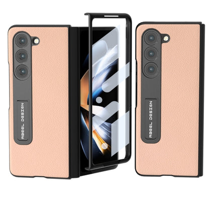 For Samsung Galaxy Z Fold5 ABEEL Integrated Genuine Leather + PC Litchi Texture Phone Case with Holder(Pink Gold) - Galaxy Z Fold5 Cases by buy2fix | Online Shopping UK | buy2fix