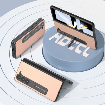 For Samsung Galaxy Z Fold5 ABEEL Integrated Genuine Leather + PC Litchi Texture Phone Case with Holder(Pink Gold) - Galaxy Z Fold5 Cases by buy2fix | Online Shopping UK | buy2fix