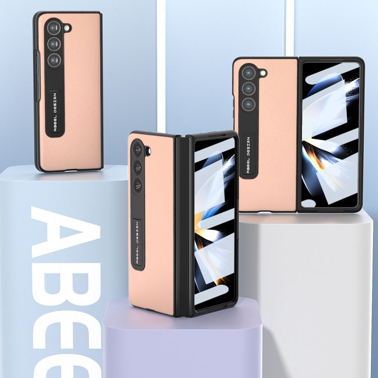 For Samsung Galaxy Z Fold5 ABEEL Integrated Genuine Leather + PC Litchi Texture Phone Case with Holder(Pink Gold) - Galaxy Z Fold5 Cases by buy2fix | Online Shopping UK | buy2fix