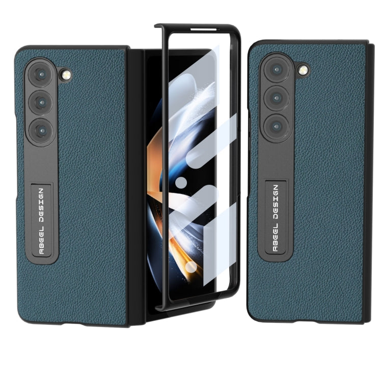 For Samsung Galaxy Z Fold5 ABEEL Integrated Genuine Leather + PC Litchi Texture Phone Case with Holder(Green) - Galaxy Z Fold5 Cases by buy2fix | Online Shopping UK | buy2fix