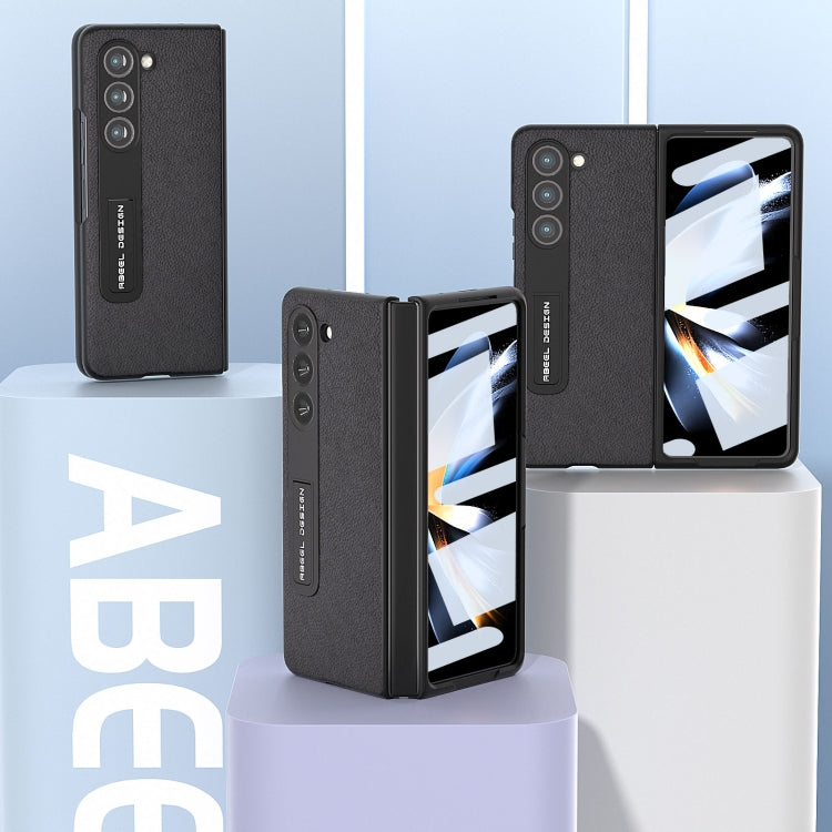 For Samsung Galaxy Z Fold5 ABEEL Integrated Genuine Leather + PC Litchi Texture Phone Case with Holder(Black) - Galaxy Z Fold5 Cases by buy2fix | Online Shopping UK | buy2fix