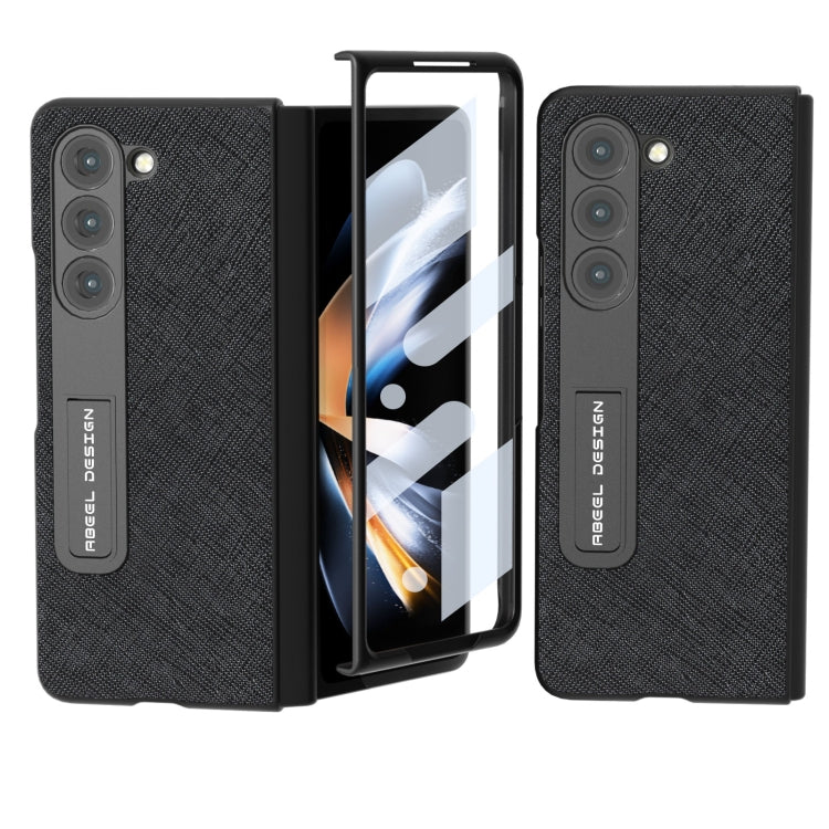 For Samsung Galaxy Z Fold5 ABEEL Integrated Cross Texture Genuine Leather Phone Case with Holder(Black) - Galaxy Z Fold5 Cases by buy2fix | Online Shopping UK | buy2fix