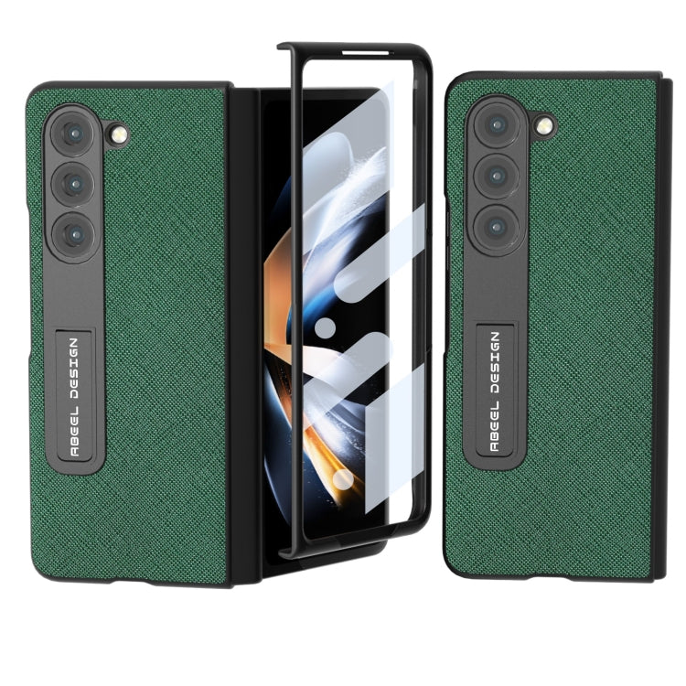 For Samsung Galaxy Z Fold5 ABEEL Integrated Cross Texture Genuine Leather Phone Case with Holder(Green) - Galaxy Z Fold5 Cases by buy2fix | Online Shopping UK | buy2fix