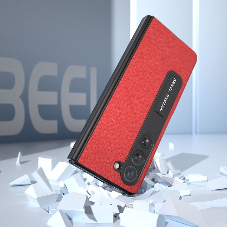 For Samsung Galaxy Z Fold5 ABEEL Integrated Cross Texture Genuine Leather Phone Case with Holder(Red) - Galaxy Z Fold5 Cases by buy2fix | Online Shopping UK | buy2fix