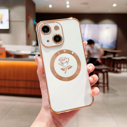 For iPhone 14 Electroplate Side Roses Flower MagSafe Phone Case(White) by buy2fix