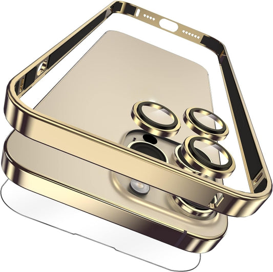 For iPhone 14 Pro Max 3 in 1 Ultra-thin Metal Frame + Lens + Film Phone Protection Set(Gold) - iPhone 14 Pro Max Cases by buy2fix | Online Shopping UK | buy2fix
