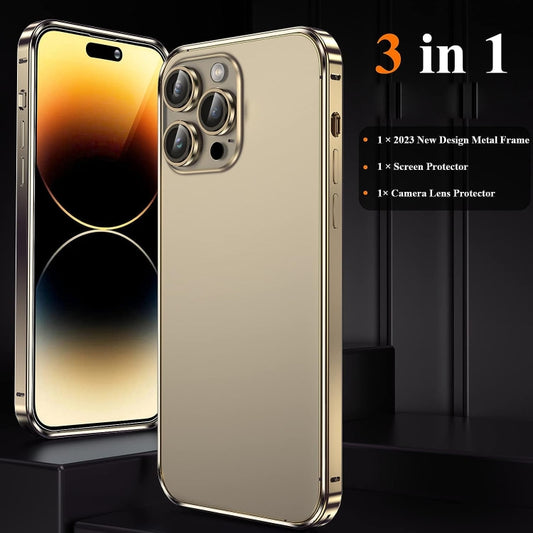 For iPhone 14 Pro Max 3 in 1 Ultra-thin Metal Frame + Lens + Film Phone Protection Set(Gold) - iPhone 14 Pro Max Cases by buy2fix | Online Shopping UK | buy2fix