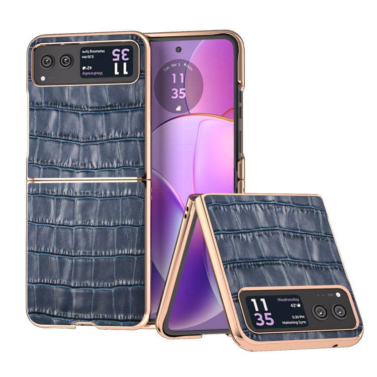 For Motorola Razr 40 Crocodile Texture Genuine Leather Electroplating Phone Case(Blue) by buy2fix