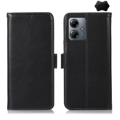 For Motorola Moto G14 4G Magnetic Crazy Horse Texture Genuine Leather Phone Case(Black) - Motorola Cases by buy2fix | Online Shopping UK | buy2fix