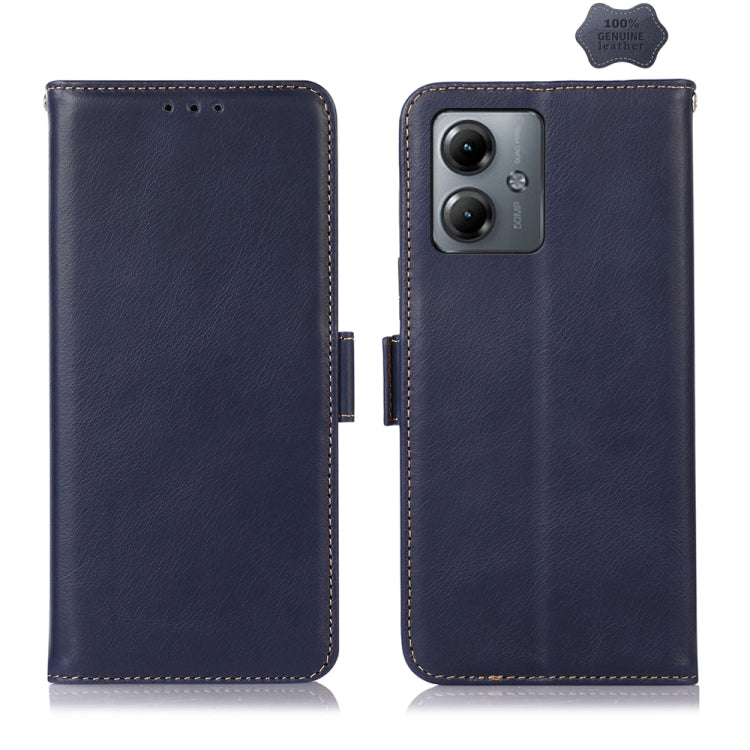 For Motorola Moto G14 4G Magnetic Crazy Horse Texture Genuine Leather Phone Case(Blue) - Motorola Cases by buy2fix | Online Shopping UK | buy2fix