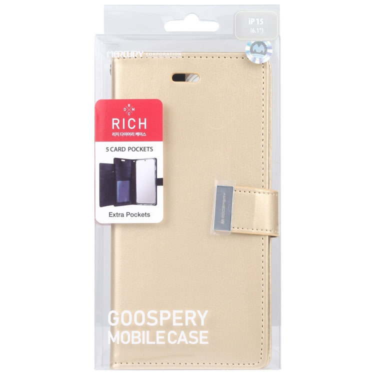 For iPhone 15 GOOSPERY RICH DIARY Crazy Horse Texture Leather Phone Case(Gold) - iPhone 15 Cases by GOOSPERY | Online Shopping UK | buy2fix