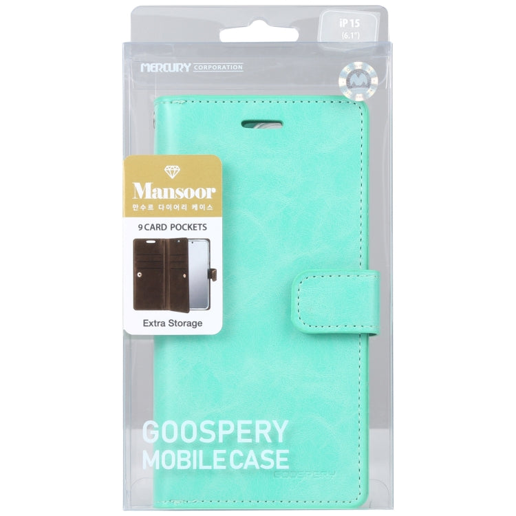 For iPhone 15 GOOSPERY MANSOOR DIARY 9 Card Slots Leather Phone Case(Mint Green) - iPhone 15 Cases by GOOSPERY | Online Shopping UK | buy2fix