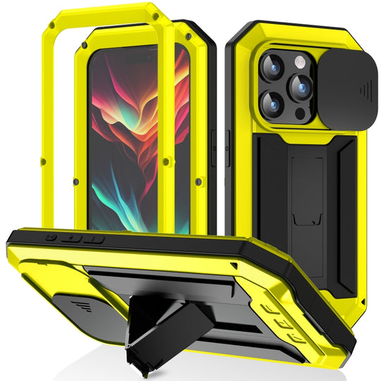 For iPhone 15 Pro Max R-JUST Sliding Camera IP54 Life Waterproof Holder Phone Case(Yellow)
