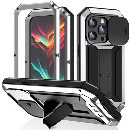 For iPhone 15 Pro Max R-JUST Sliding Camera IP54 Life Waterproof Holder Phone Case(Silver) - iPhone 15 Pro Max Cases by R-JUST | Online Shopping UK | buy2fix