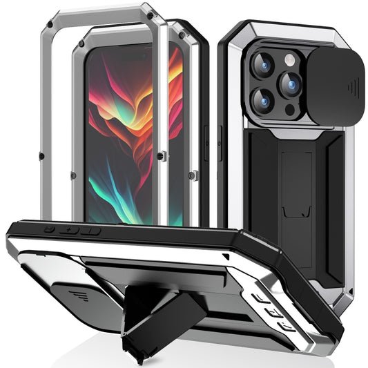 For iPhone 15 Pro Max R-JUST Sliding Camera IP54 Life Waterproof Holder Phone Case(Silver) - iPhone 15 Pro Max Cases by R-JUST | Online Shopping UK | buy2fix
