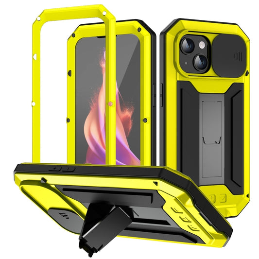 For iPhone 15 Plus R-JUST Sliding Camera IP54 Life Waterproof Holder Phone Case(Yellow) - iPhone 15 Plus Cases by R-JUST | Online Shopping UK | buy2fix
