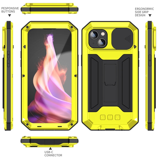 For iPhone 15 Plus R-JUST Sliding Camera IP54 Life Waterproof Holder Phone Case(Yellow) - iPhone 15 Plus Cases by R-JUST | Online Shopping UK | buy2fix