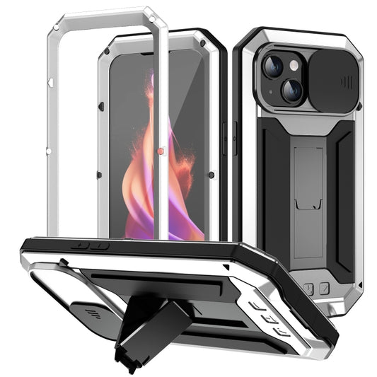 For iPhone 15 Plus R-JUST Sliding Camera IP54 Life Waterproof Holder Phone Case(Silver) - iPhone 15 Plus Cases by R-JUST | Online Shopping UK | buy2fix