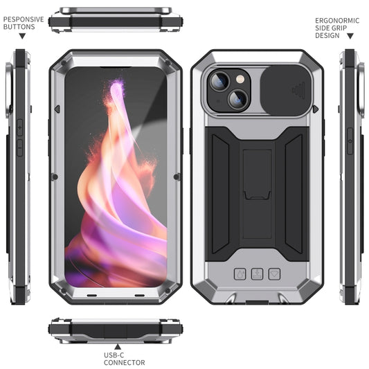 For iPhone 15 Plus R-JUST Sliding Camera IP54 Life Waterproof Holder Phone Case(Silver) - iPhone 15 Plus Cases by R-JUST | Online Shopping UK | buy2fix