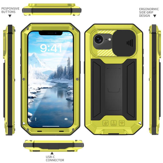 For iPhone 16e R-JUST Sliding Camera IP54 Life Waterproof Holder Phone Case(Yellow) - iPhone 16e Cases by R-JUST | Online Shopping UK | buy2fix