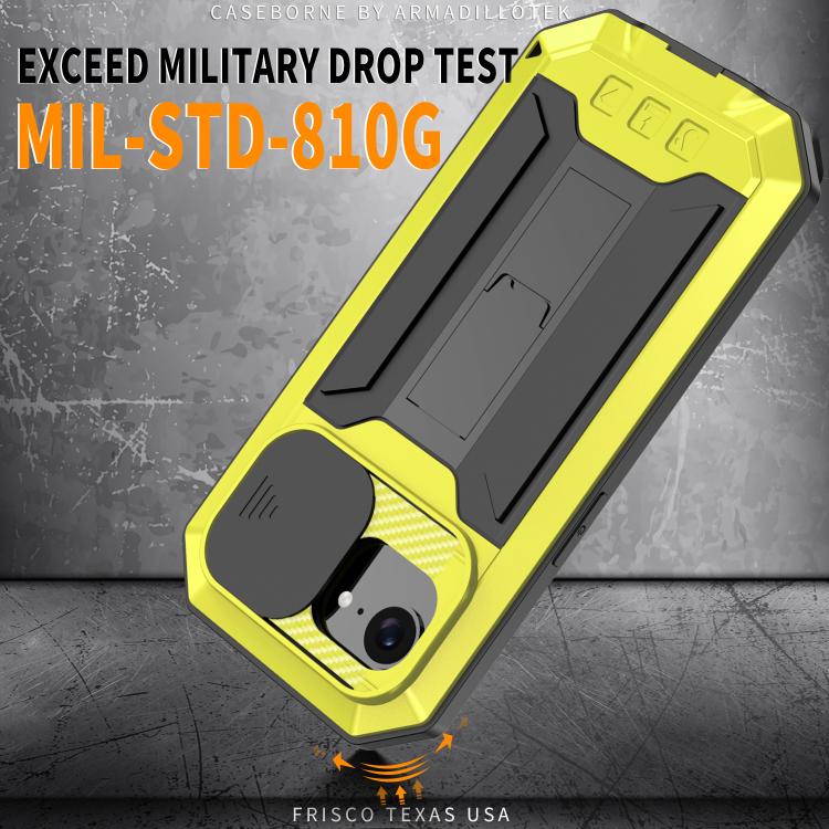 For iPhone 16e R-JUST Sliding Camera IP54 Life Waterproof Holder Phone Case(Yellow) - iPhone 16e Cases by R-JUST | Online Shopping UK | buy2fix