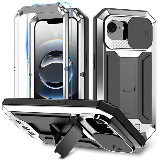 For iPhone 16e R-JUST Sliding Camera IP54 Life Waterproof Holder Phone Case(Silver) - iPhone 16e Cases by R-JUST | Online Shopping UK | buy2fix
