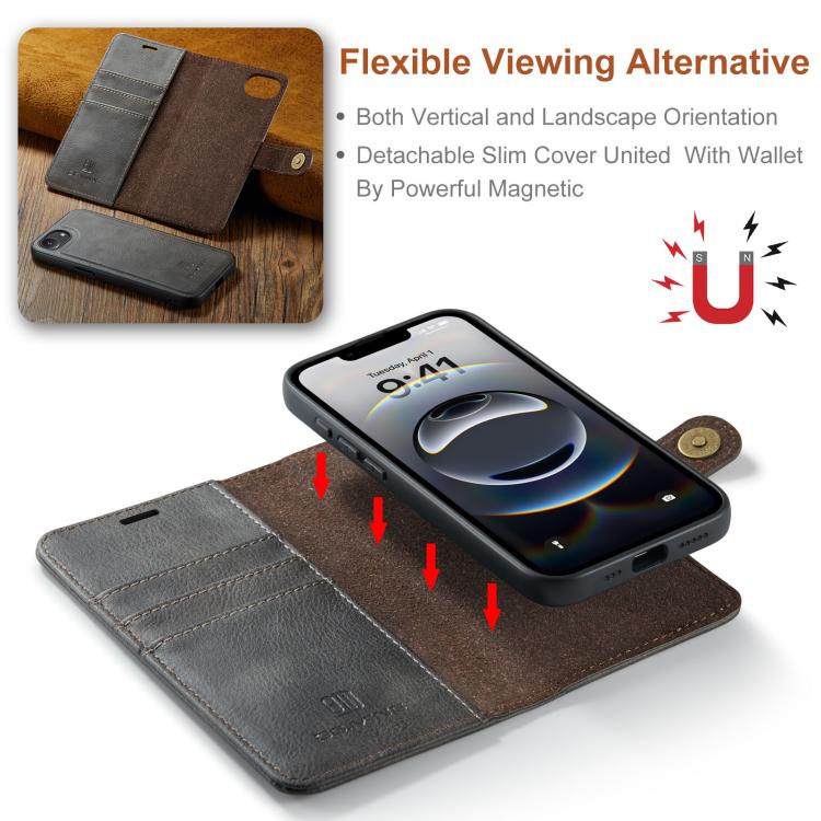For iPhone 16e DG.MING Crazy Horse Texture Detachable Magnetic Leather Phone Case(Grey) - iPhone 16e Cases by DG.MING | Online Shopping UK | buy2fix
