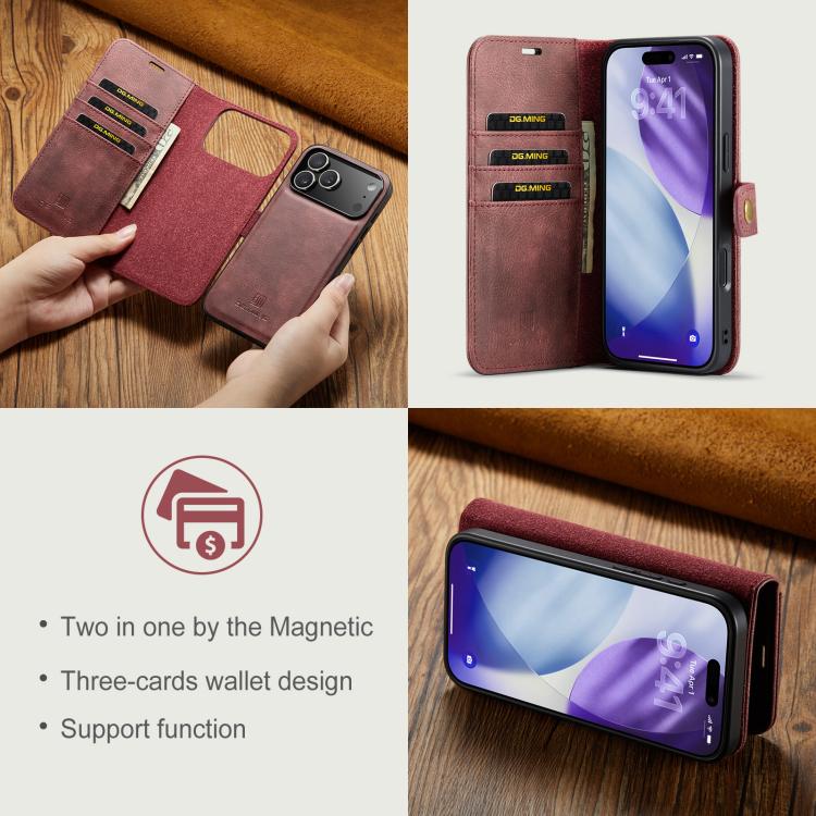 For iPhone 17 Pro DG.MING Crazy Horse Texture Detachable Magnetic Leather Phone Case(Red) - iPhone 17 Pro Cases by DG.MING | Online Shopping UK | buy2fix