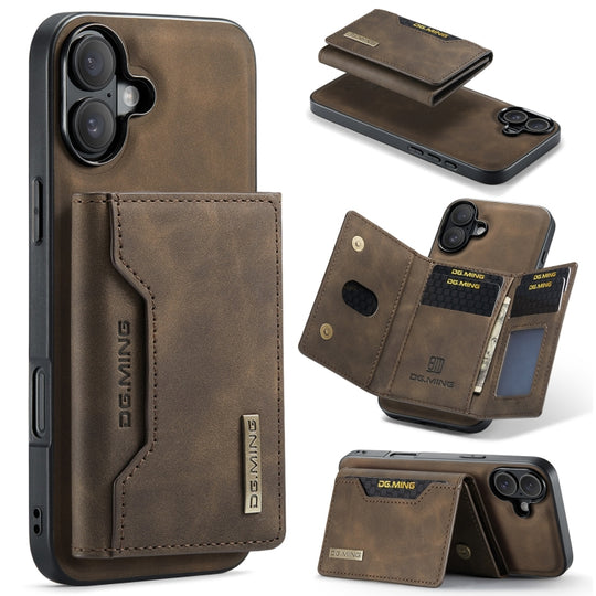 For iPhone 16 DG.MING M2 Series 3-Fold Card Bag Wallet Leather Phone Case(Coffee)