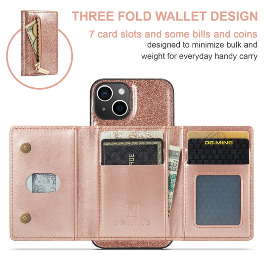 For iPhone 15 Plus DG.MING M3 Series Glitter Powder Card Bag Leather Phone Case(Rose Gold) - iPhone 15 Plus Cases by DG.MING | Online Shopping UK | buy2fix