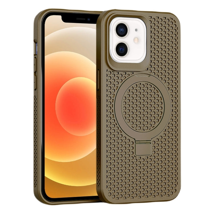 For iPhone 12/12 Pro Skin Feel PC+TPU Cooling Magnetic Magsafe Phone Case with Stand(Brown) by buy2fix