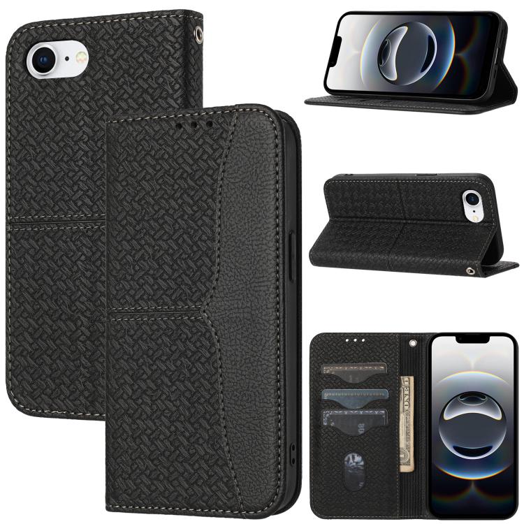 For iPhone 16e Woven Texture Stitching Magnetic Leather Phone Case(Black) by buy2fix