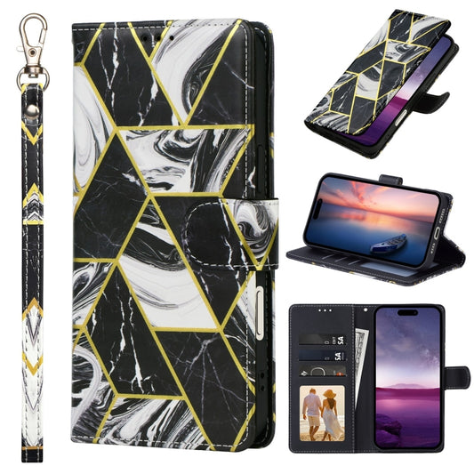 For iPhone 16 Pro Marble Bronzing Stitching Leather Phone Case(Black) by buy2fix