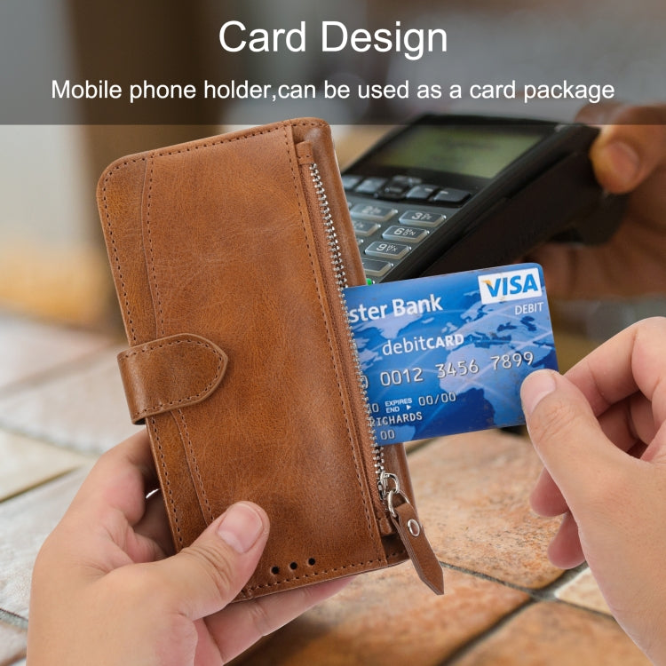 For iPhone 16 Pro Oil Skin Zipper Wallet Leather Phone Case(Brown) by buy2fix