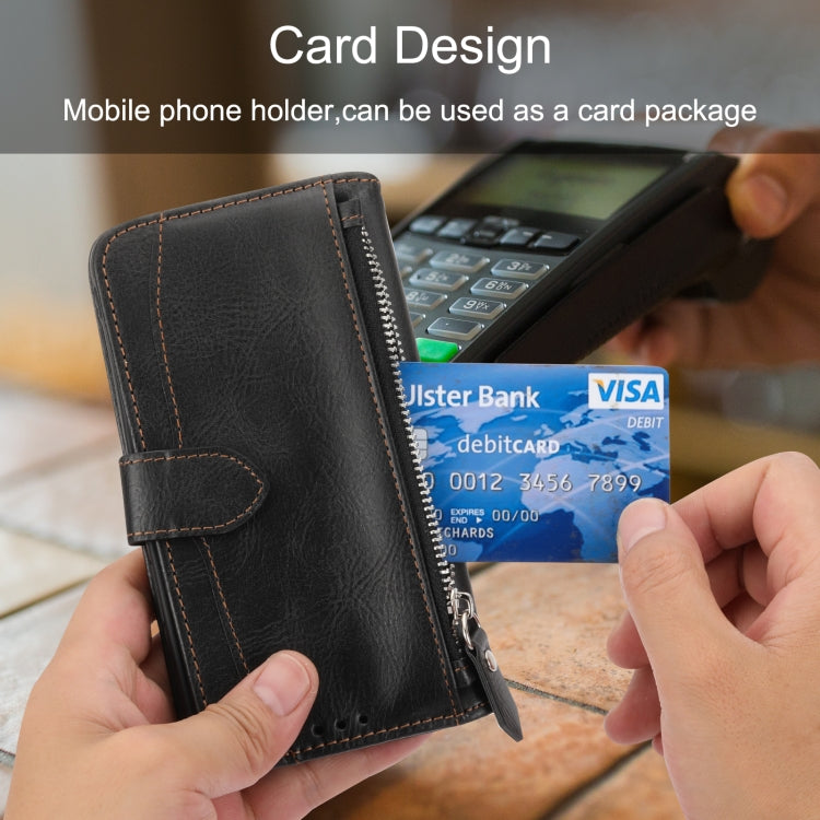 For iPhone 16 Pro Oil Skin Zipper Wallet Leather Phone Case(Black) by buy2fix