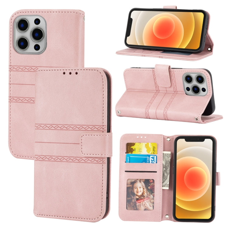 For iPhone 16 Pro Max Embossed Stripes Skin Feel Leather Phone Case(Pink) by buy2fix