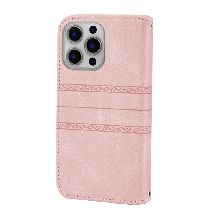 For iPhone 16 Pro Max Embossed Stripes Skin Feel Leather Phone Case(Pink) by buy2fix