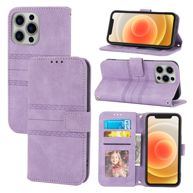 For iPhone 16 Pro Embossed Stripes Skin Feel Leather Phone Case(Light Purple) by buy2fix
