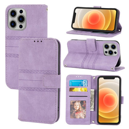 For iPhone 16 Pro Embossed Stripes Skin Feel Leather Phone Case(Light Purple) by buy2fix