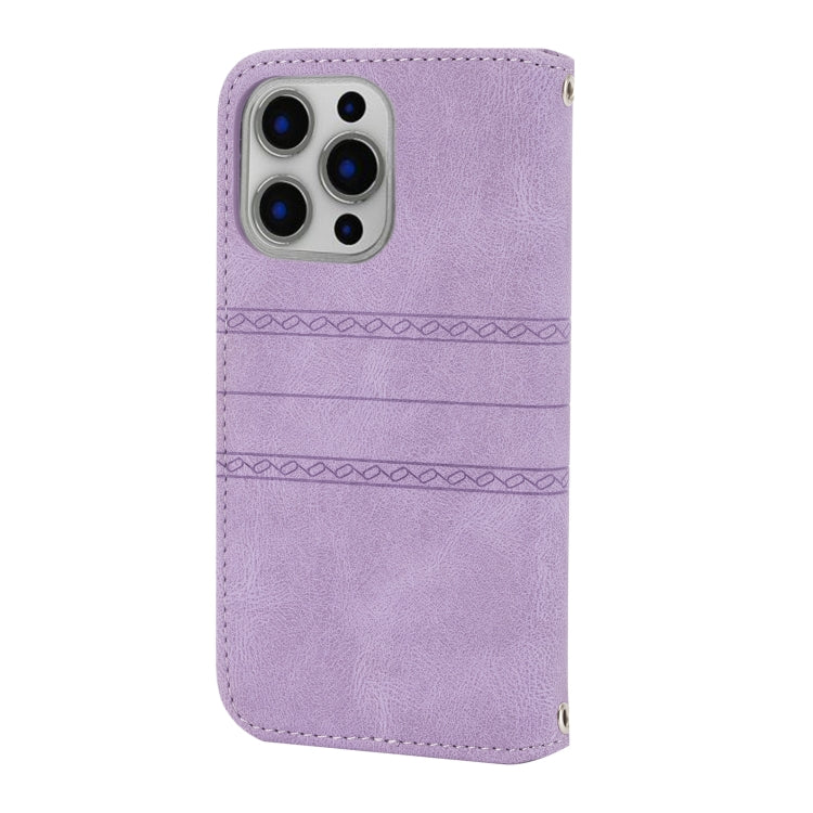For iPhone 16 Pro Embossed Stripes Skin Feel Leather Phone Case(Light Purple) by buy2fix