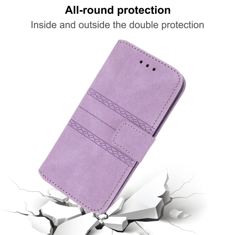 For iPhone 16 Pro Embossed Stripes Skin Feel Leather Phone Case(Light Purple) by buy2fix