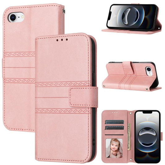 For iPhone 16e Embossed Stripes Skin Feel Leather Phone Case(Pink) by buy2fix