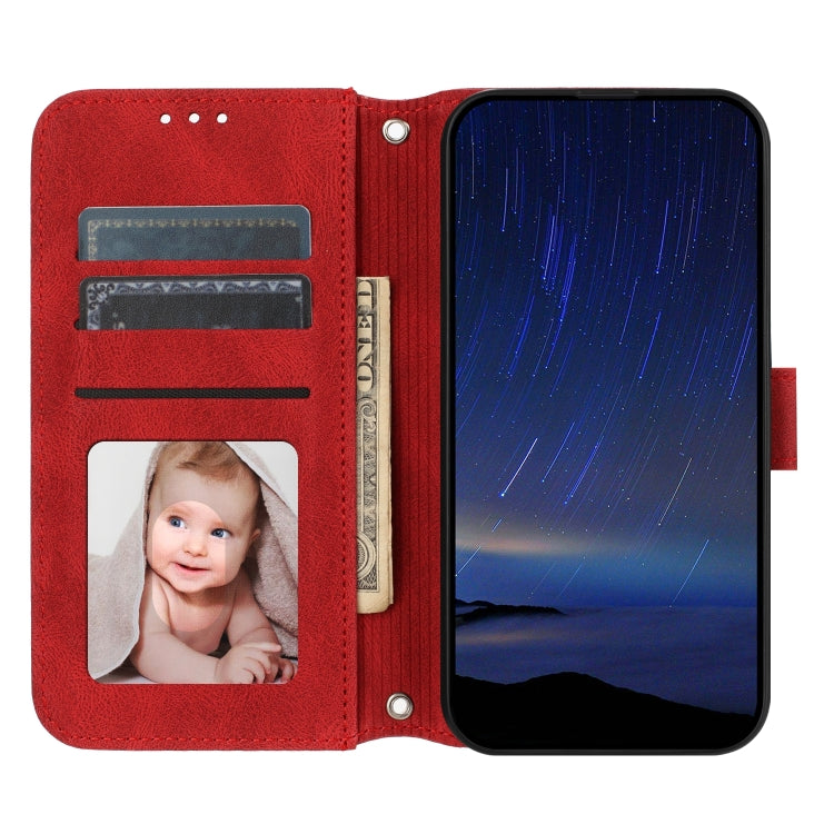 For iPhone 16e Embossed Stripes Skin Feel Leather Phone Case(Red) by buy2fix