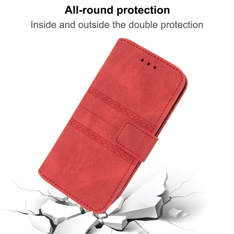 For iPhone 16e Embossed Stripes Skin Feel Leather Phone Case(Red) by buy2fix