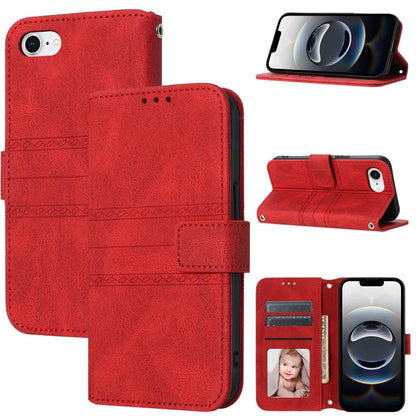For iPhone 16e Embossed Stripes Skin Feel Leather Phone Case(Red) by buy2fix