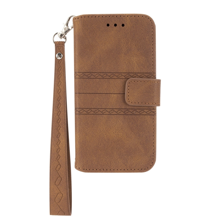 For iPhone 16e Embossed Stripes Skin Feel Leather Phone Case(Brown) by buy2fix